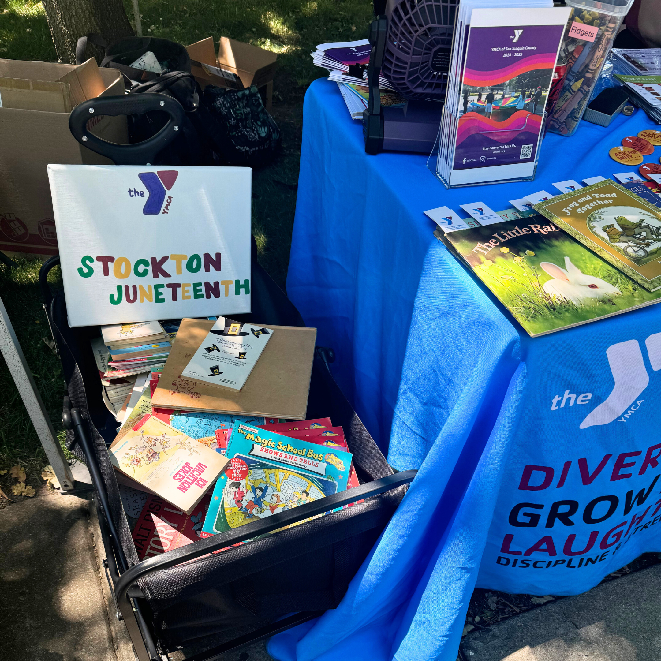 A blue table cloth with the Y logo and YMCA brochures. Next to this a wagon filled with books and a canvas that says Stockton Juneteenth