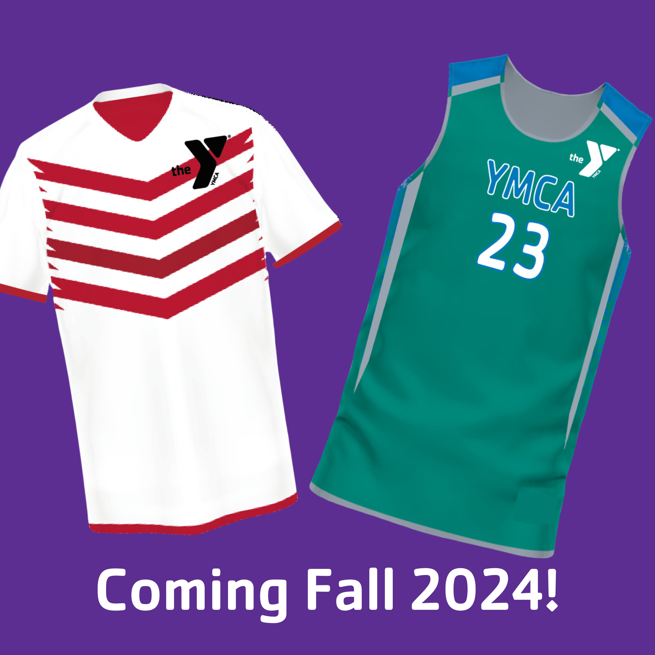 Two Jerseys, one white with red chevrons and a black Y logo and the other green with blue letters and a white Y logo on a purple background with the text 